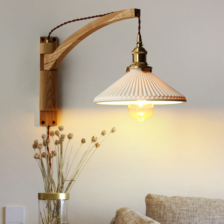 Pleated Shade Wall Lamp Japanese Style Wood 1-Light Rotatable Reading Wall Light