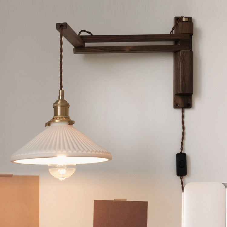 Pleated Shade Wall Lamp Japanese Style Wood 1-Light Rotatable Reading Wall Light
