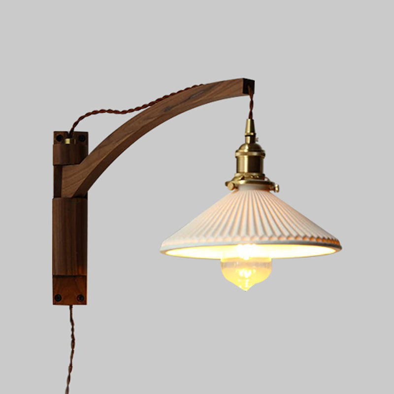 Pleated Shade Wall Lamp Japanese Style Wood 1-Light Rotatable Reading Wall Light