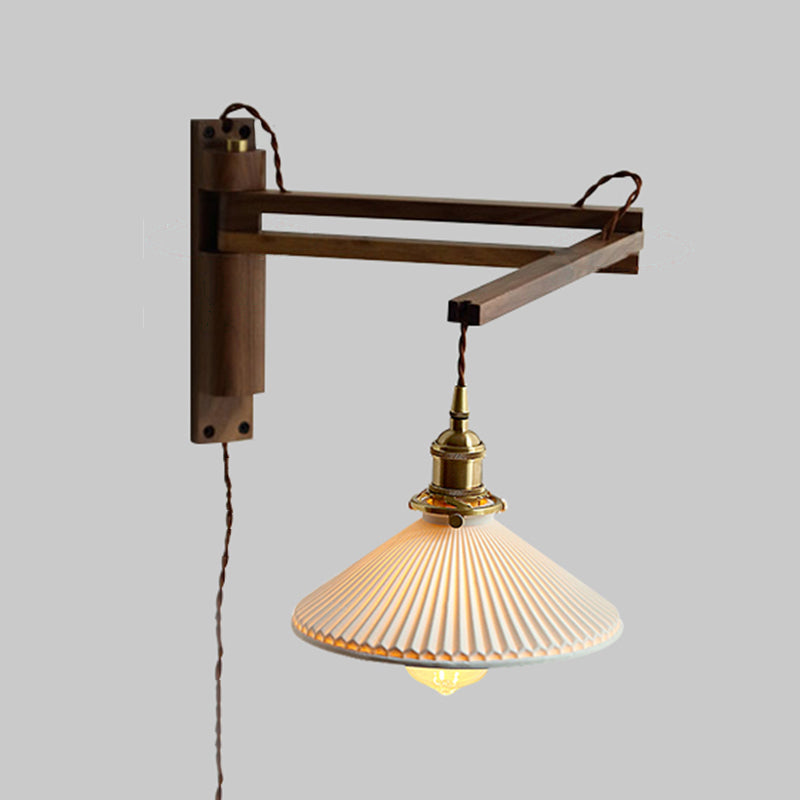 Pleated Shade Wall Lamp Japanese Style Wood 1-Light Rotatable Reading Wall Light