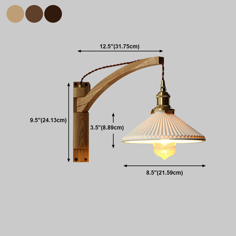 Pleated Shade Wall Lamp Japanese Style Wood 1-Light Rotatable Reading Wall Light