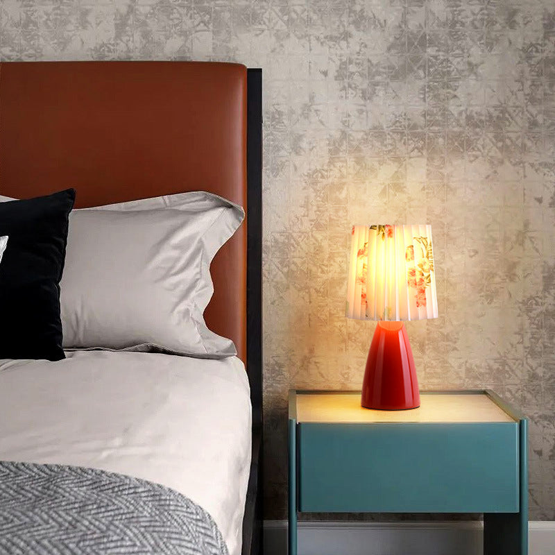 Pleated Fabric Table Lamp Macaron Style 1 Head Ceramic Nightstand Light