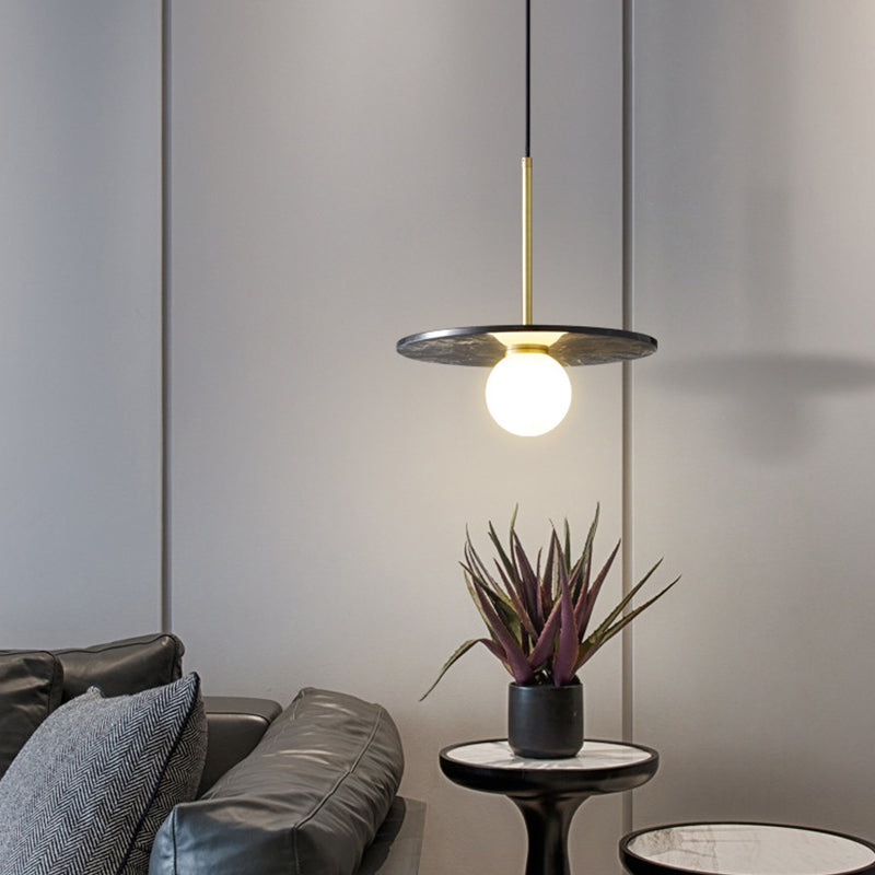 Natural Marble Small Pendant Light Modern 1-Head Suspension Lamp with White Glass Shade