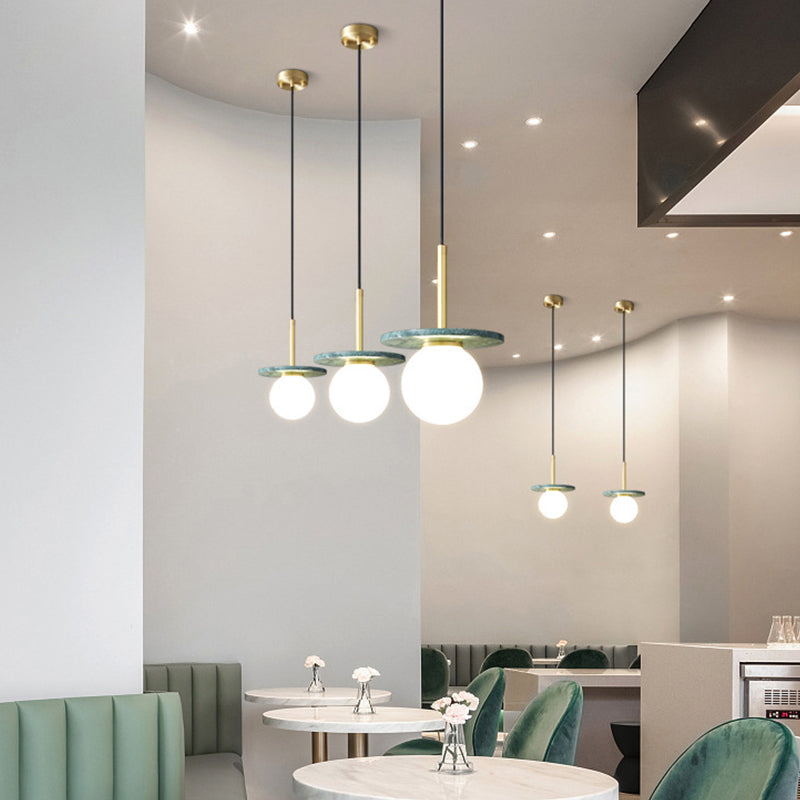 Natural Marble Small Pendant Light Modern 1-Head Suspension Lamp with White Glass Shade
