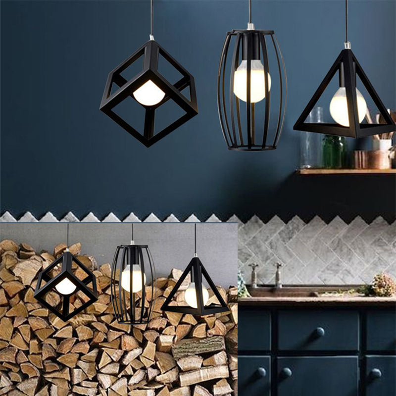 Cage Pendant Light Fixture Vintage Black Metal Suspension Lighting