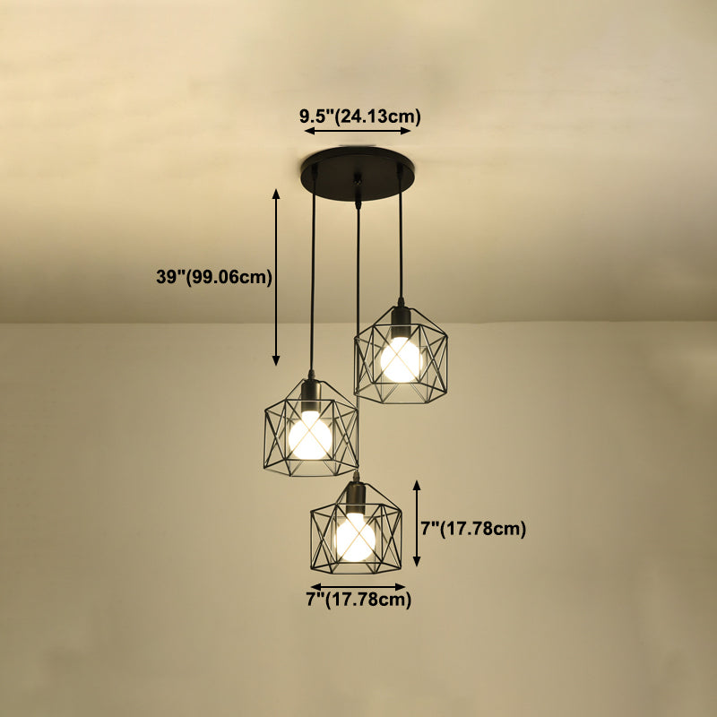 Iron Wire Cage Pendant Lamp Retro Dining Room Suspension Light in Black