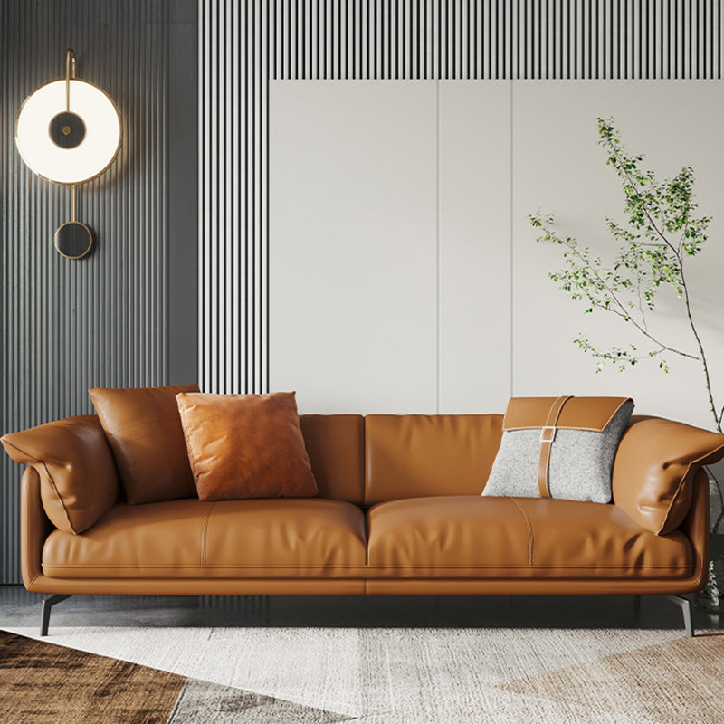 Modern Style Square Armrest Padded Down Seat Orange Leather Sofa