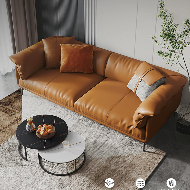 Modern Style Square Armrest Padded Down Seat Orange Leather Sofa