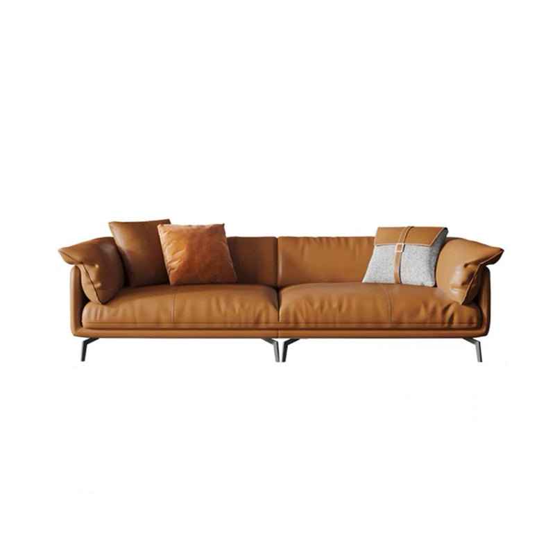 Modern Style Square Armrest Padded Down Seat Orange Leather Sofa