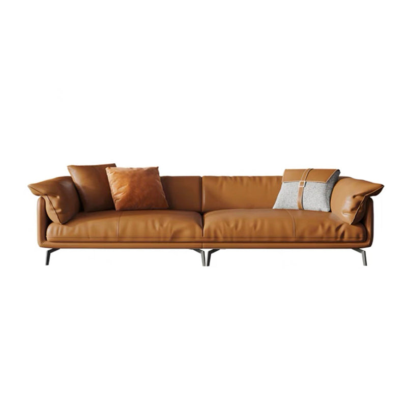 Modern Style Square Armrest Padded Down Seat Orange Leather Sofa