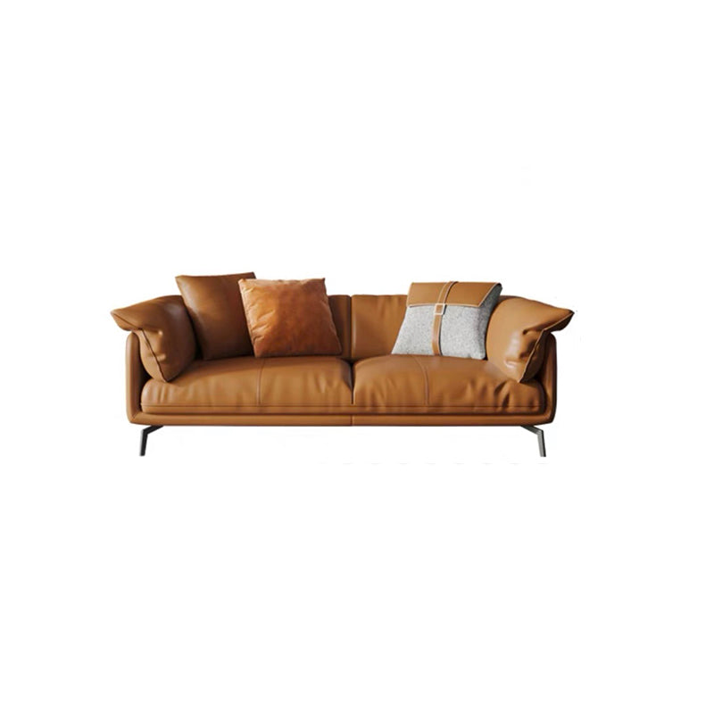 Modern Style Square Armrest Padded Down Seat Orange Leather Sofa