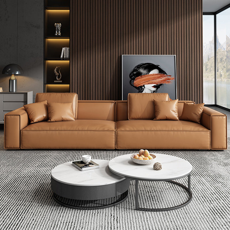 Genuine Leather Square Arm Living Room Standard Dark Brown Seating