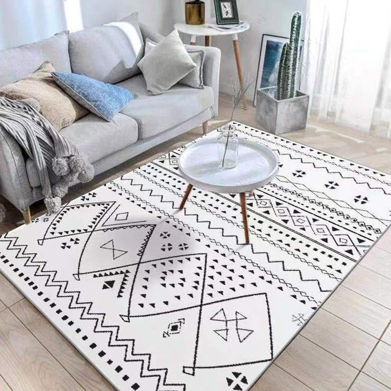 White Morocco Rug Polyester Graphic Rug Stain Resistant Rug for Living Room