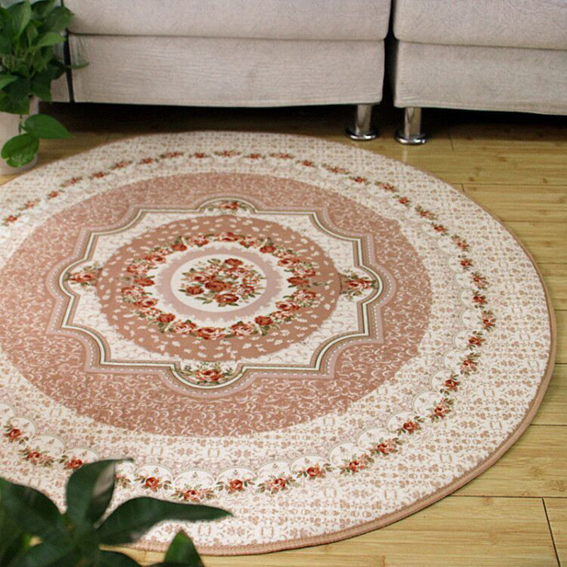 Beige Vintage Rug Polyester Flower Area Rug Stain Resistant Rug for Living Room