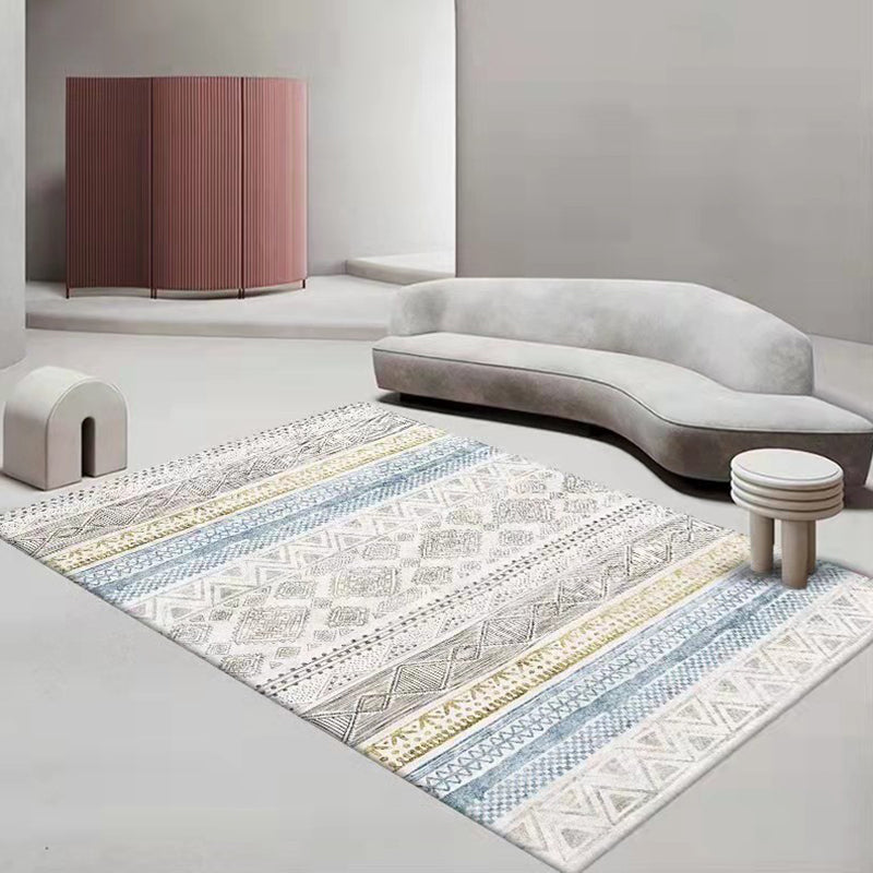 White Geometric Rug Polyester Morocco Rug Stain Resistant Rug for Living Room