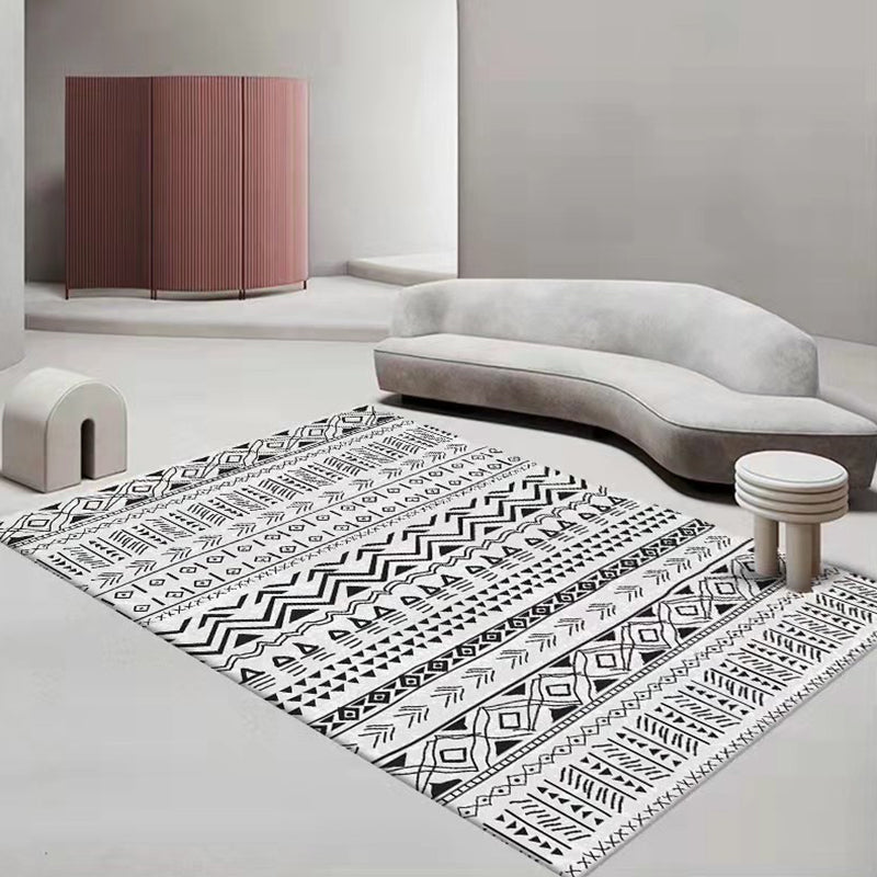 White Geometric Rug Polyester Morocco Rug Stain Resistant Rug for Living Room