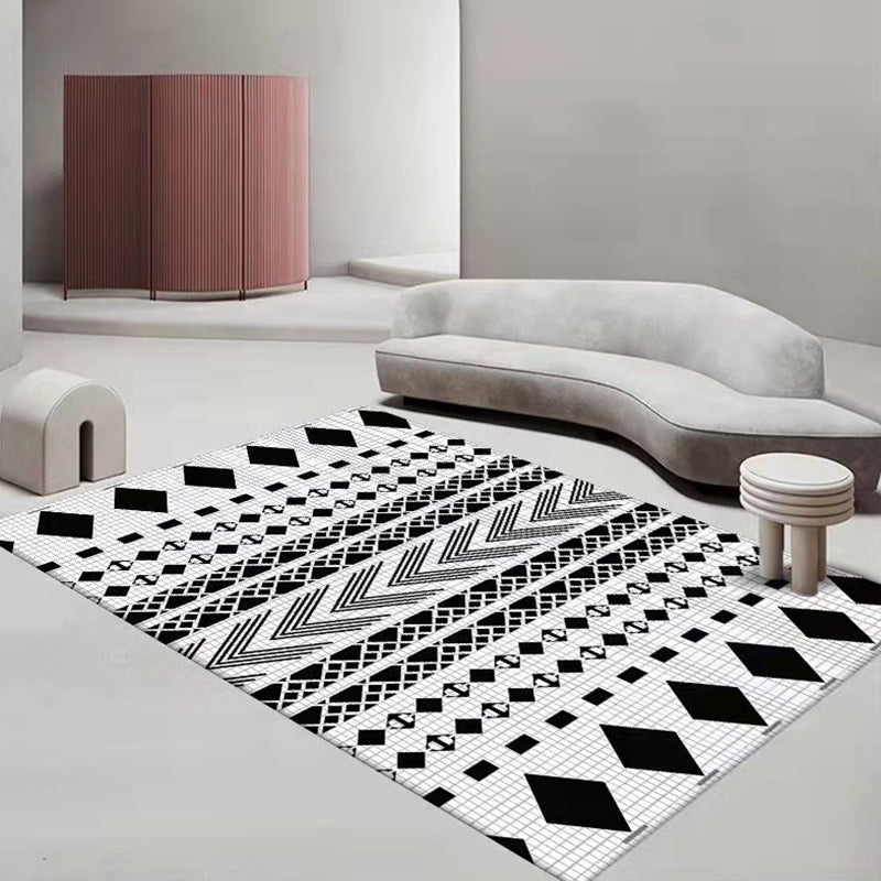 White Geometric Rug Polyester Morocco Rug Stain Resistant Rug for Living Room