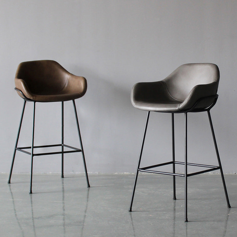 Contemporary Leather Armed Barstool Matte Finish Footrest Low Back Stool