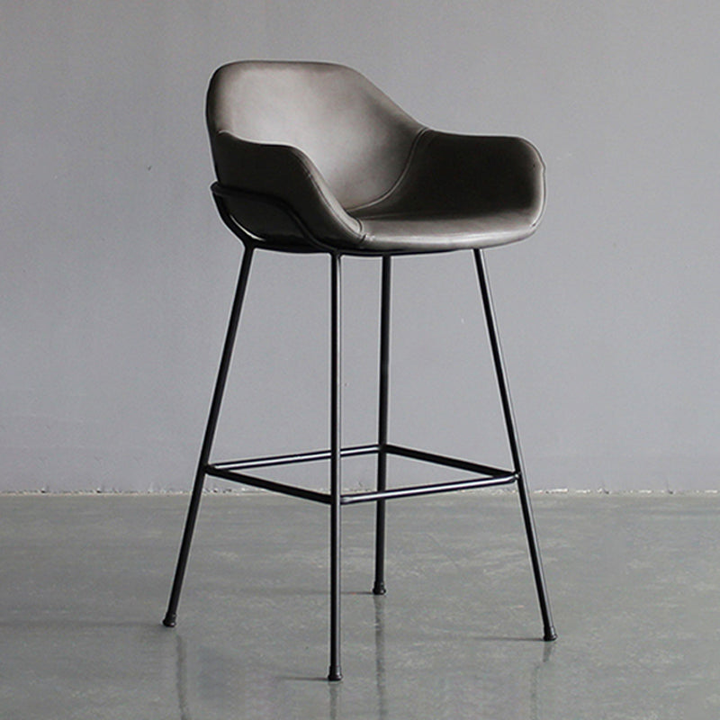 Contemporary Leather Armed Barstool Matte Finish Footrest Low Back Stool