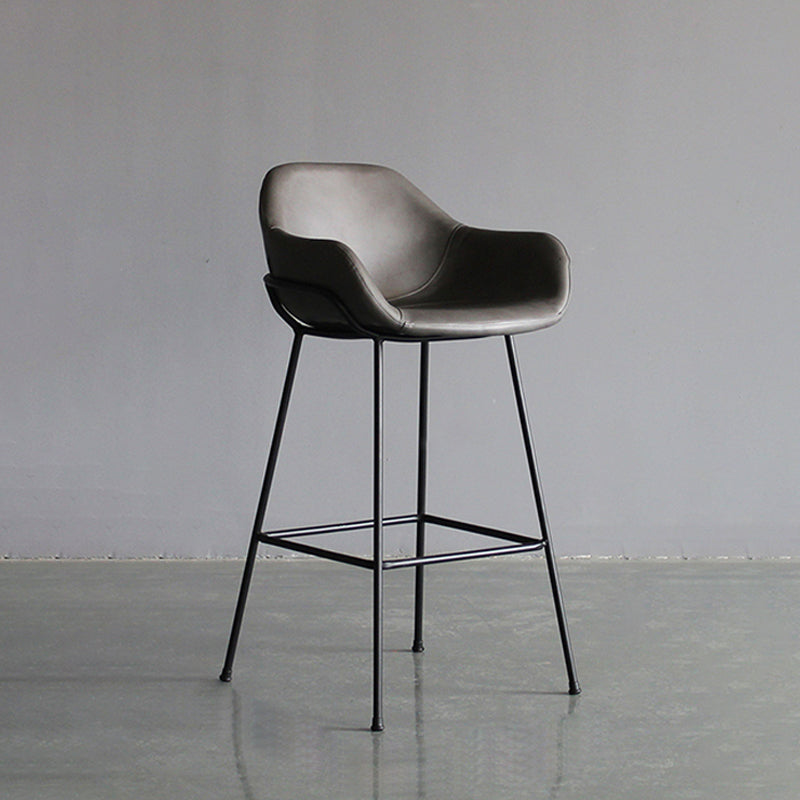 Contemporary Leather Armed Barstool Matte Finish Footrest Low Back Stool