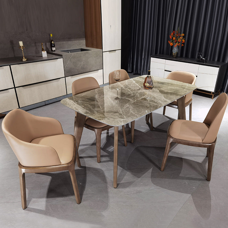 Stone Top Dining Table Mid-Century Modern Table with 4 Legs in Brown