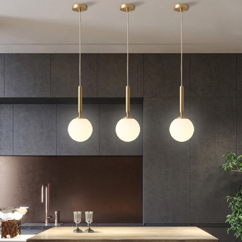 Modern Pendant Light Fixture White Glass 1-Light Dining Room Drop Light in Brass