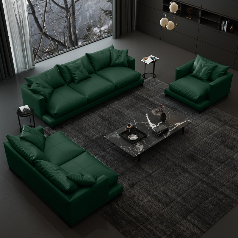 Forest Green Genuine Leather Square Arm Settee Furniture with Pillows