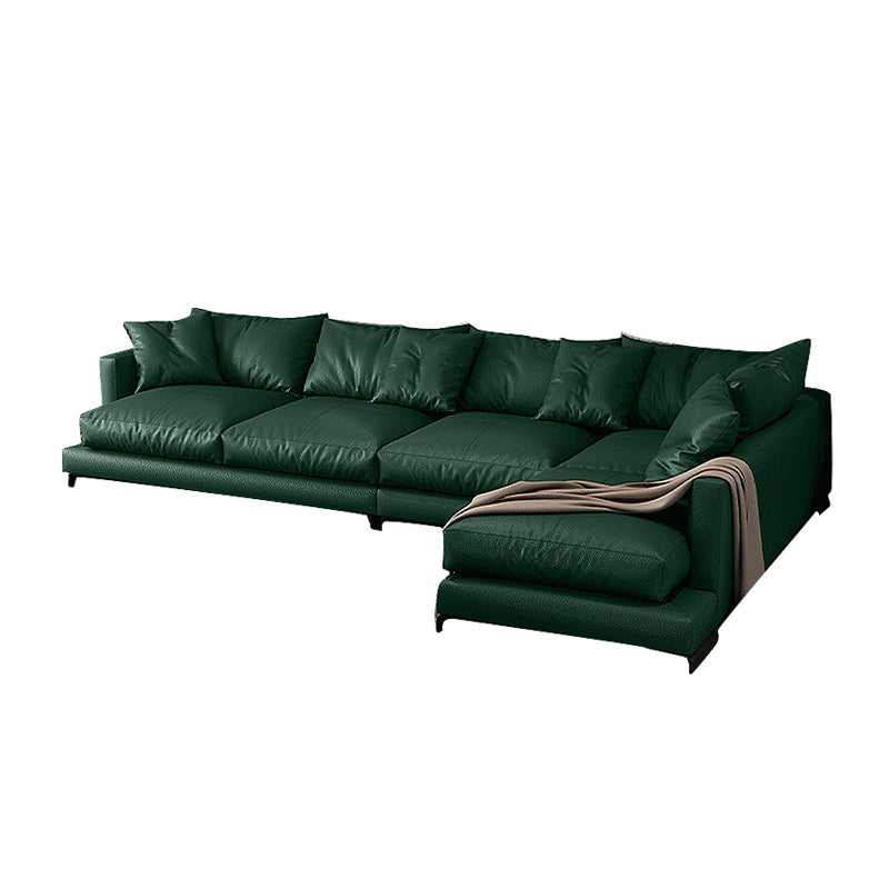 Forest Green Genuine Leather Square Arm Settee Furniture with Pillows