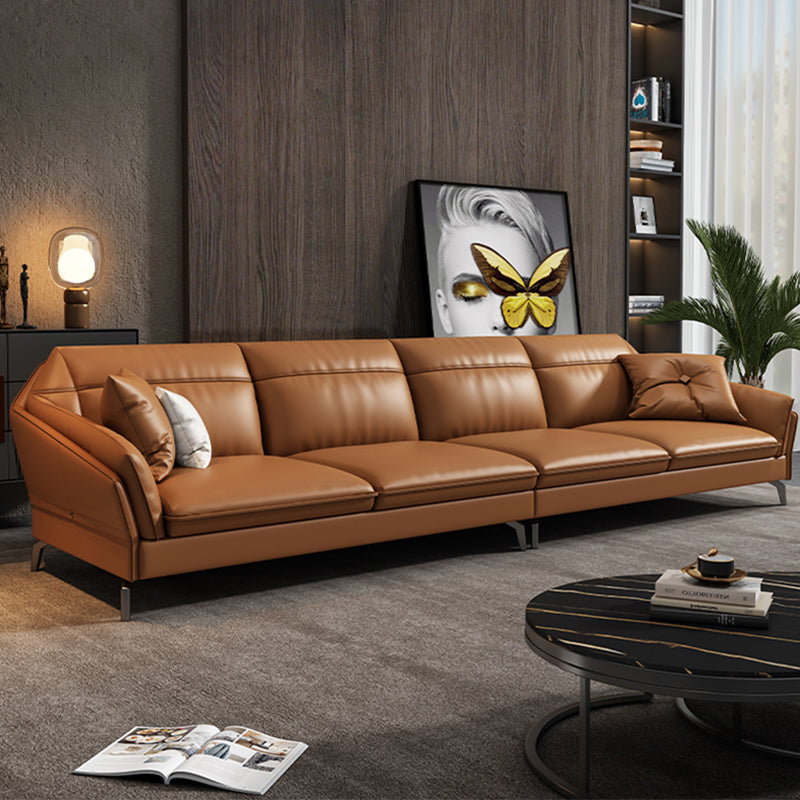 Contemporary Genuine Leather Sewn Pillow Back Sofa 35.43"High Flared Arm Sofa,Dark Brown