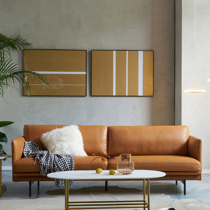 Modern Style Square Armrest Sponge Seat Filled with Leather & Leather Orange Sofa