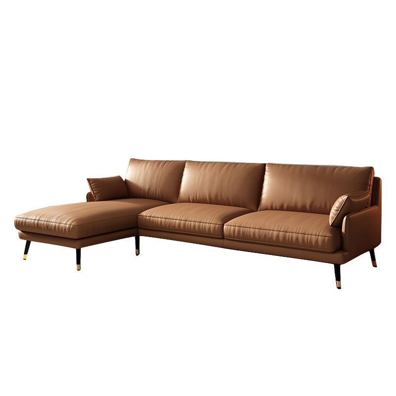 Brown Leather Settee Furniture Recessed Arm Sofa Set with Pillows