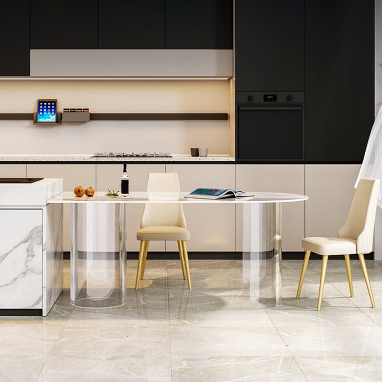 Sintered Stone Top Dining Table Modern White Table with Acrylic Double Pedestal