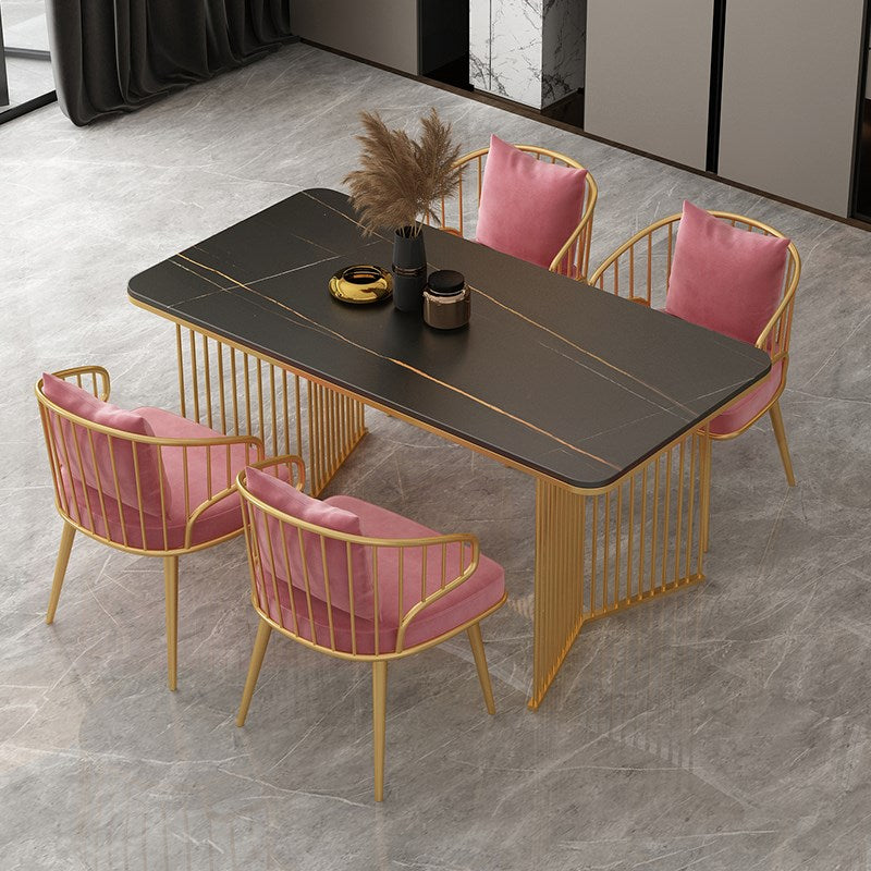 Rectangle Stone Dining table Gold Frame Traditional Luxury Double Pedestal Table