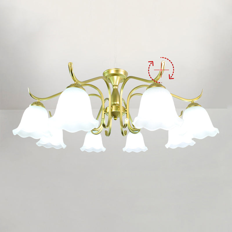 Gold Semi Flush Lamp Traditional Multi-Head Bedroom Ceiling Lighting with Glass Shade