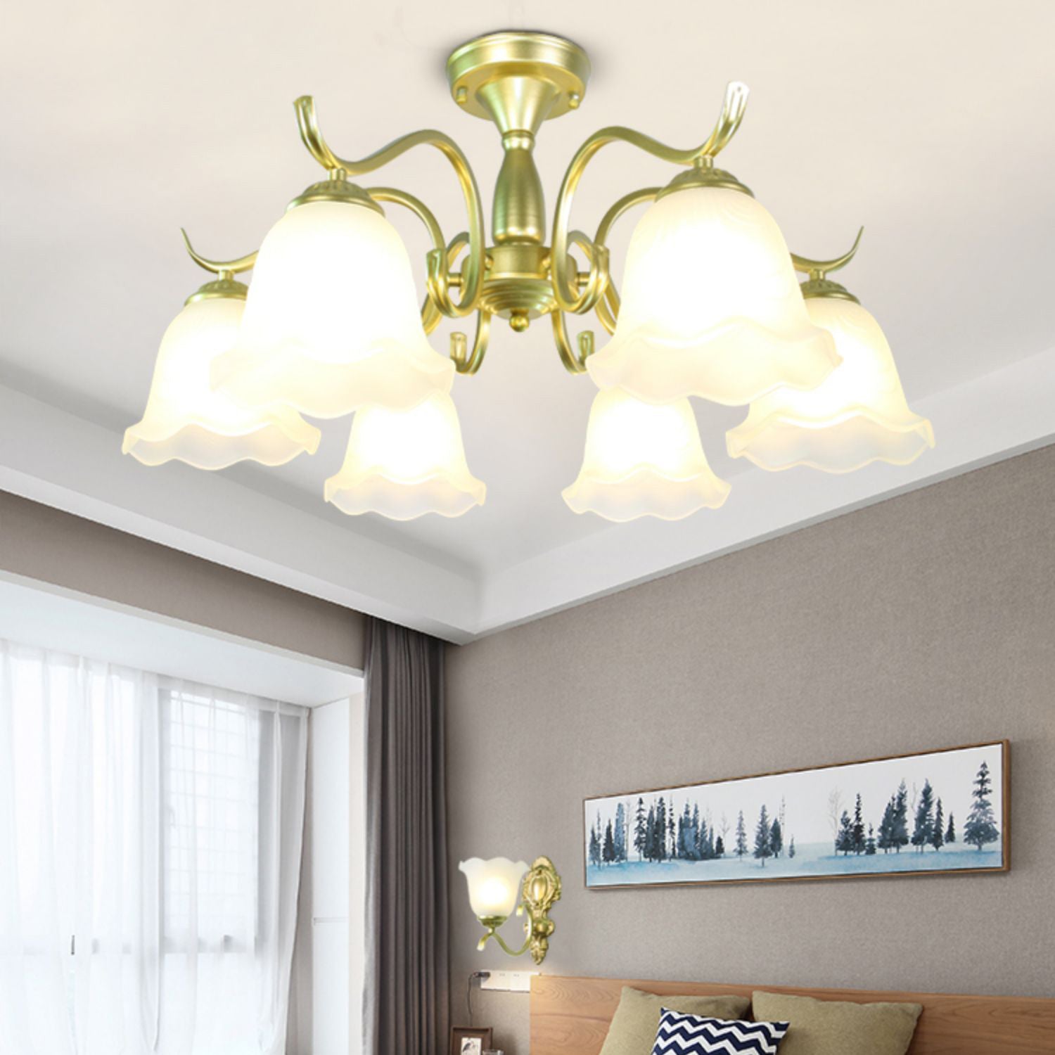 Gold Semi Flush Lamp Traditional Multi-Head Bedroom Ceiling Lighting with Glass Shade
