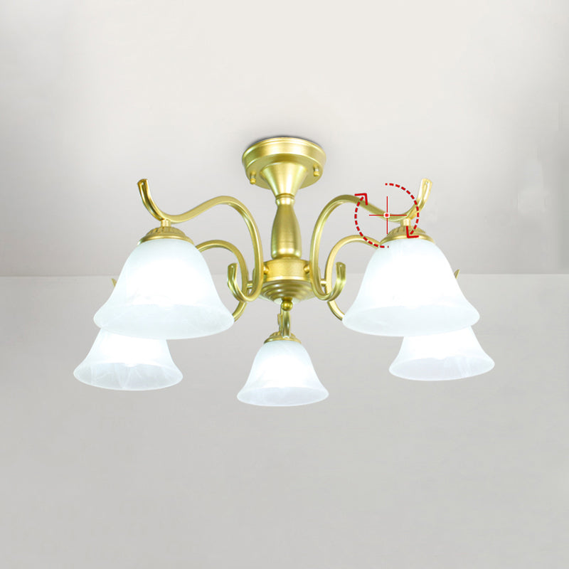 Gold Semi Flush Lamp Traditional Multi-Head Bedroom Ceiling Lighting with Glass Shade