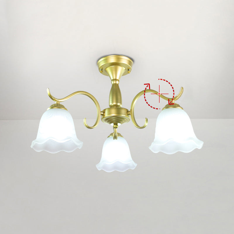 Gold Semi Flush Lamp Traditional Multi-Head Bedroom Ceiling Lighting with Glass Shade