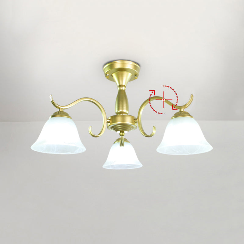 Gold Semi Flush Lamp Traditional Multi-Head Bedroom Ceiling Lighting with Glass Shade