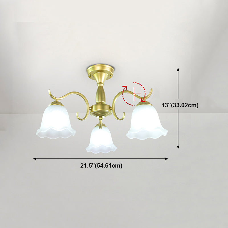 Gold Semi Flush Lamp Traditional Multi-Head Bedroom Ceiling Lighting with Glass Shade