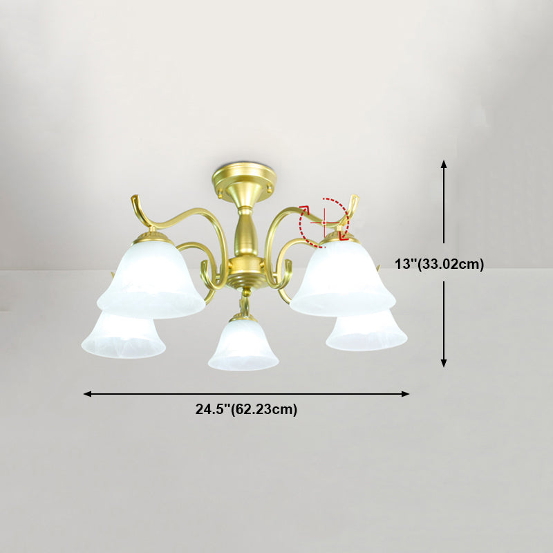 Gold Semi Flush Lamp Traditional Multi-Head Bedroom Ceiling Lighting with Glass Shade