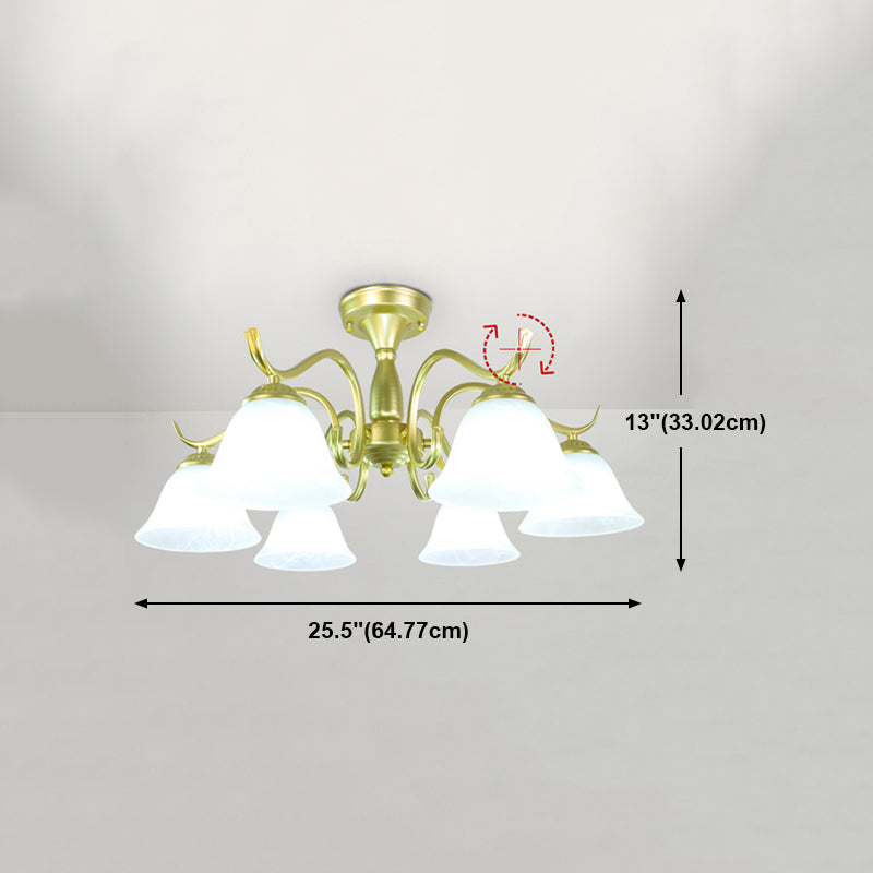 Gold Semi Flush Lamp Traditional Multi-Head Bedroom Ceiling Lighting with Glass Shade