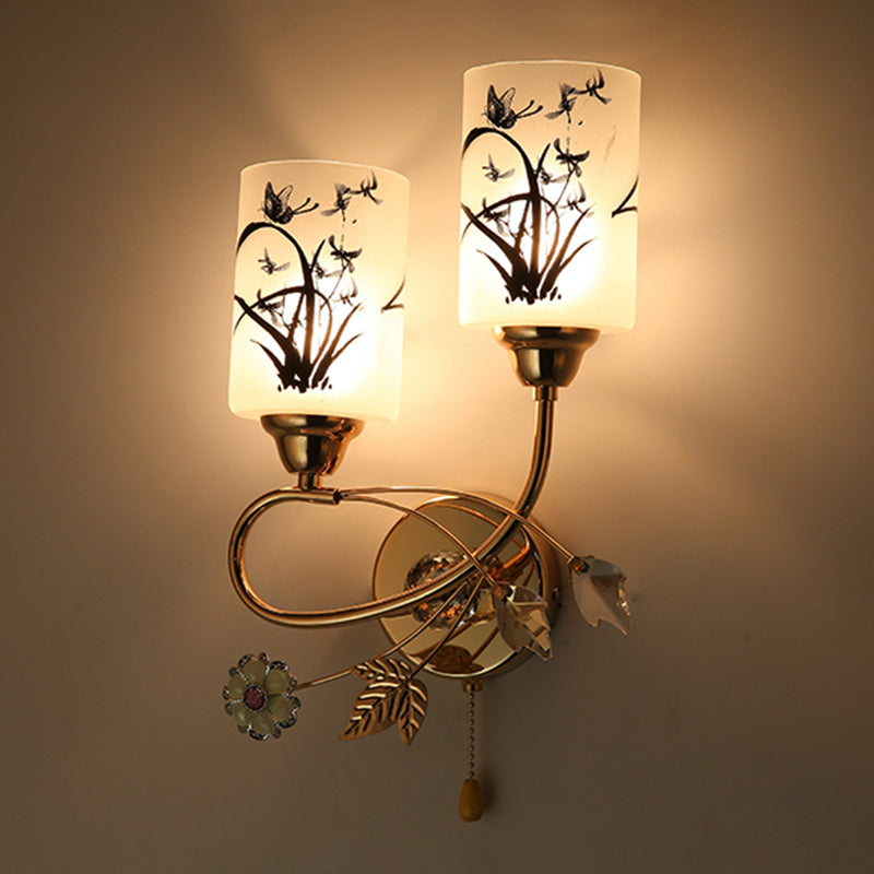 Hand-Paint Glass Cylindrical Wall Lamp Modern 2 Lights Gold Sconce Light