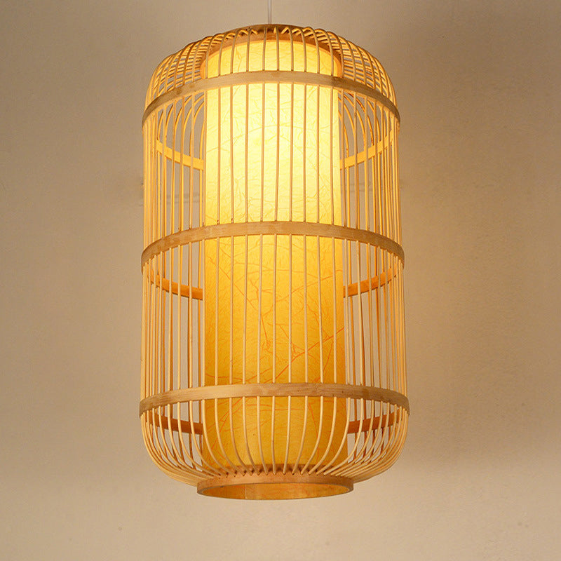 Asia 1-Light Down Lighting Bamboo Cylinder Hanging Pendant Light for Tea Room