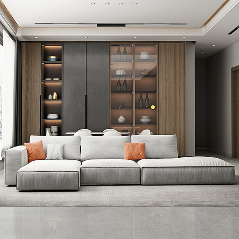 Simple Light-grey Sofa/Sectional with Faux Leather and Pillowed Back Cushions