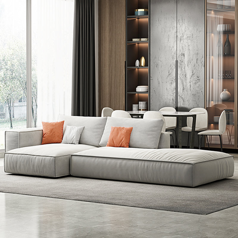 Simple Light-grey Sofa/Sectional with Faux Leather and Pillowed Back Cushions