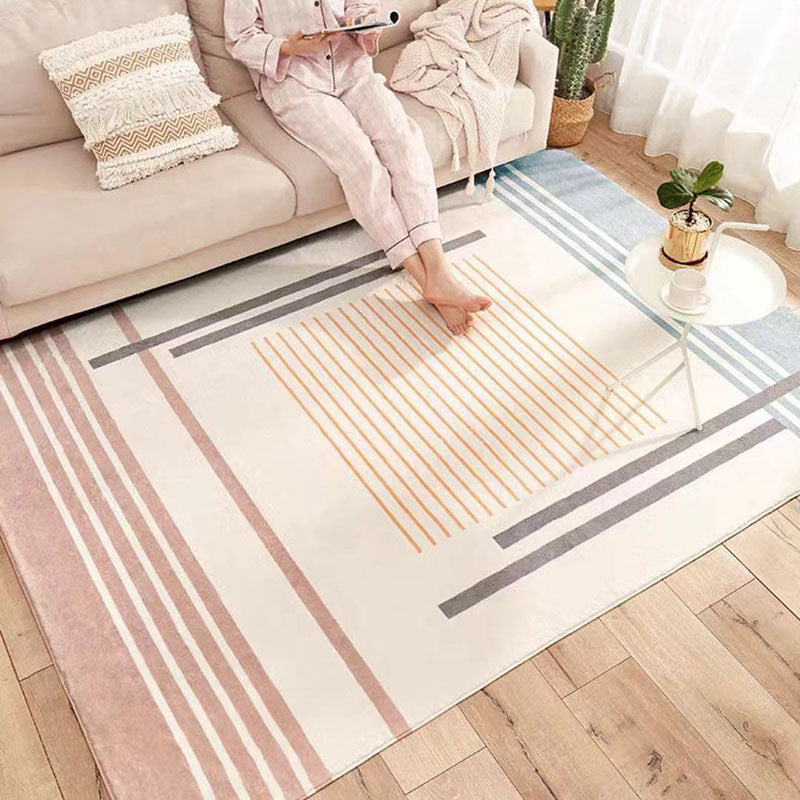White Kids Rug Polyester Striped Rug Stain Resistant Rug for Living Room