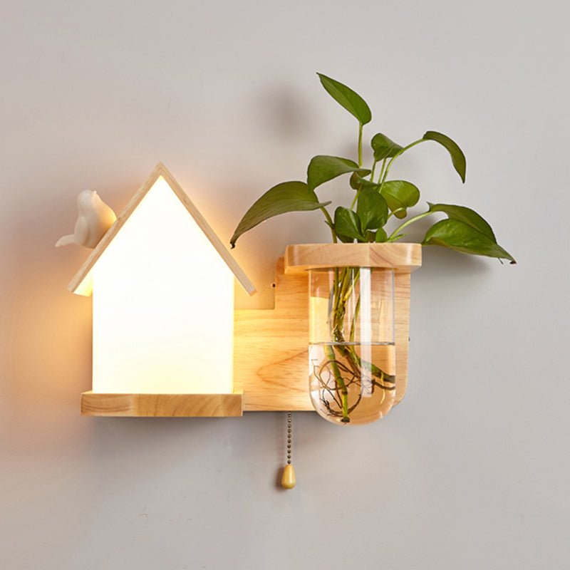 1-Light Wall Sconce Modern Wooden Wall Mount Lamp for Living Room(Plant not included)