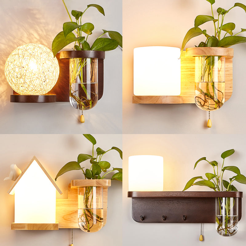 1-Light Wall Sconce Modern Wooden Wall Mount Lamp for Living Room(Plant not included)