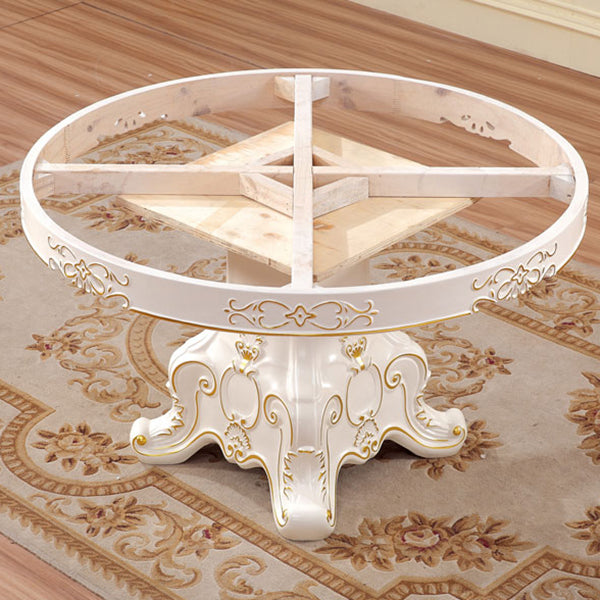 Solid Wood Victorian Round Dining Table Faux Marble Top Table with Wooden Pedestal