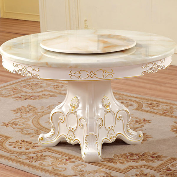 Solid Wood Victorian Round Dining Table Faux Marble Top Table with Wooden Pedestal